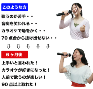 歌うのが苦手・・音痴を笑われる・・カラオケで恥をかく・・７０点台から抜け出せない・・→上手いと言われた！カラオケが好きになった！人前歌うのが楽しい！９０点以上取れた！